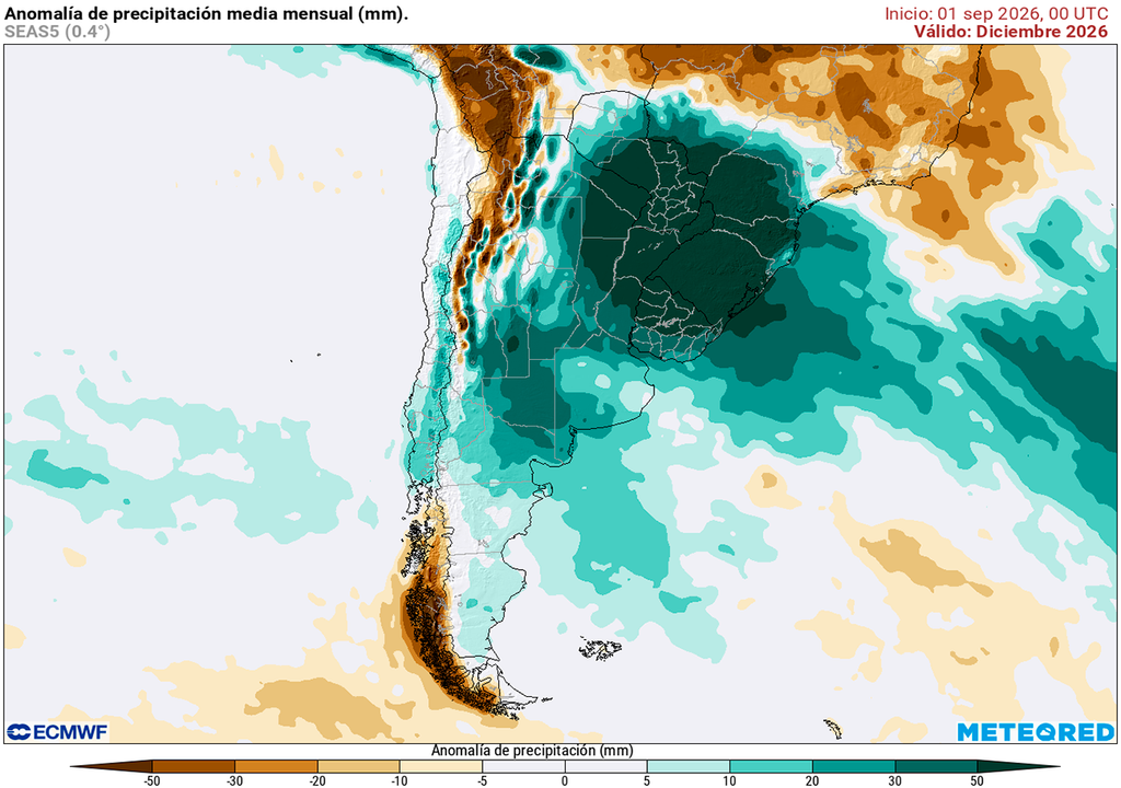Pronóstico, Clima, Tiempo, Argentina, Niño Anomalía de precipitaciones para el mes de diciembre según nuestro modelo de referencia el ECMWF