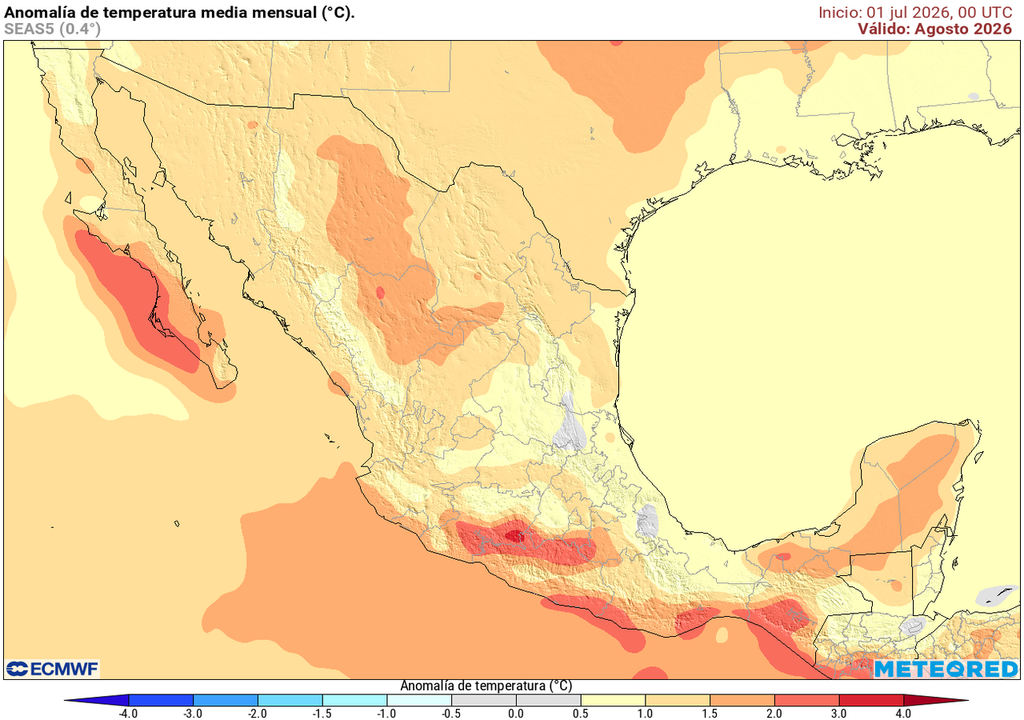 Anomalías de temperatura en gran parte de México durante el mes de agosto. Los valores más altos se observan en Baja California Sur y en la costa sur del Pacífico.