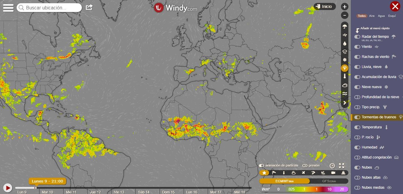 Predicción de densidad de descargas previstas para el 9 de julio de 2018. Captura de pantalla de Windy.com