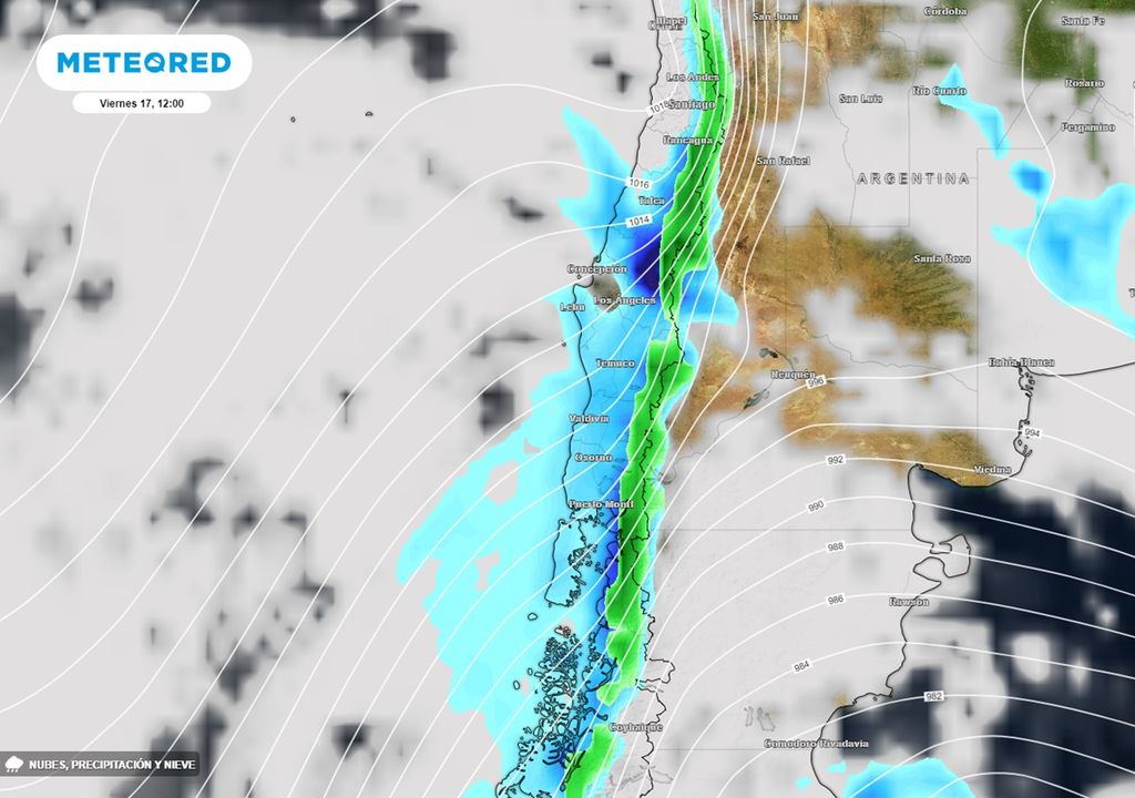 precipitaciones previstas con el paso del sistema frontal por Chile