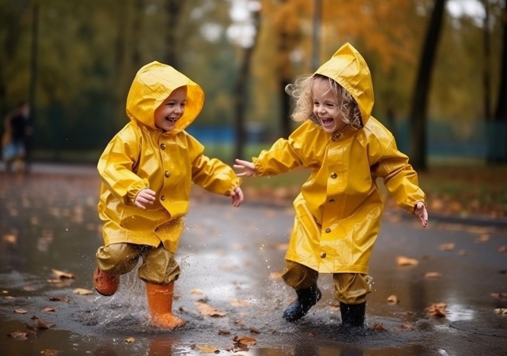 Niño y niña con impermeable amarillo jugando bajo la lluvia fondo de bosque