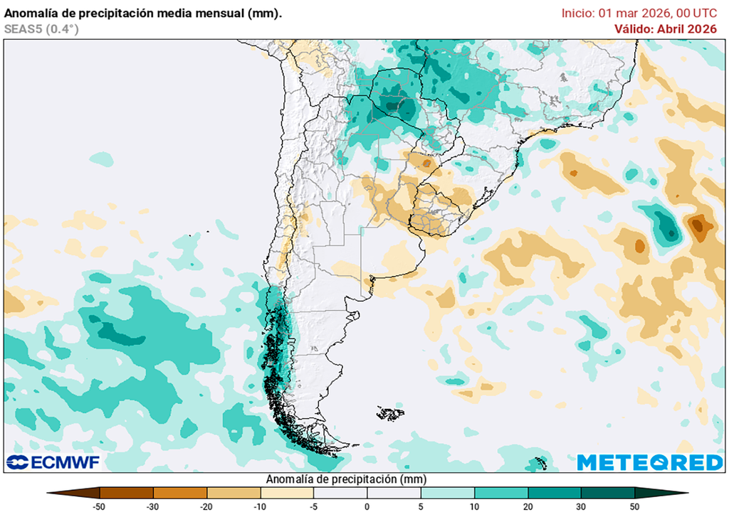 Lluvia, Tormenta, Alerta, Buenos Aires, Córdoba, Litoral, Argentina, Abril, Pronóstico, Clima, Tiempo Anomalía de lluvias previstas para el mes de abril según los mapas propios basados en el modelo ECMWF.