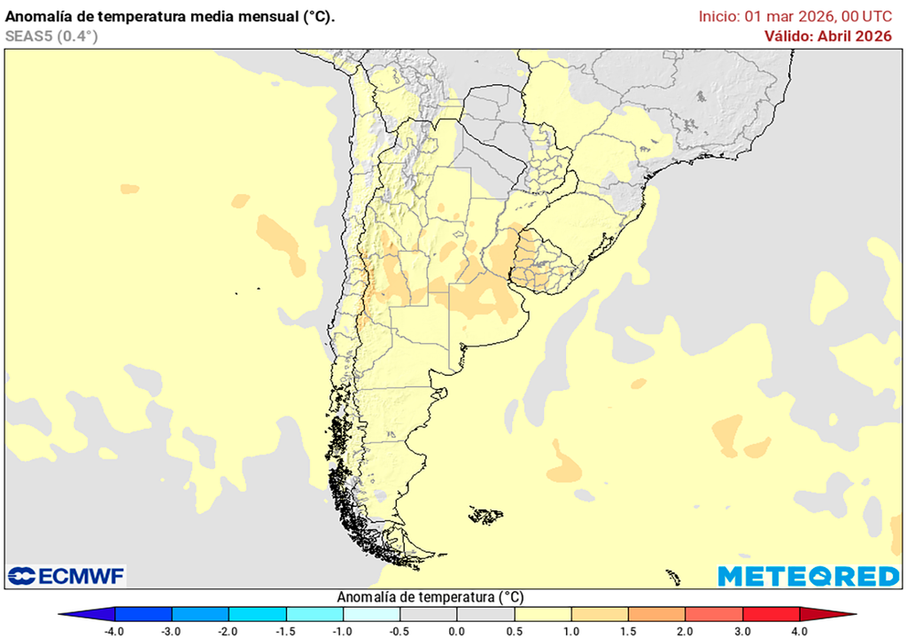 Lluvia, Tormenta, Alerta, Buenos Aires, Córdoba, Litoral, Argentina, Abril, Pronóstico, Clima, Tiempo Anomalía de temperatura prevista para el mes de abril según nuestro modelo de referencia el ECMWF