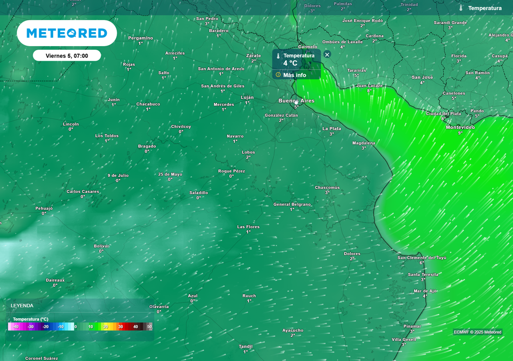 Temperaturas para el día viernes 5 de septiembre a las 7 h, según el modelo ECMWF Temperaturas para el día viernes 5 de septiembre a las 7 h, según el modelo ECMWF