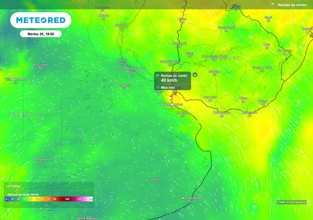 Rachas de viento Martes 28 de octubre a las 19 h