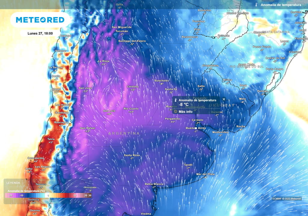 Anomalía de temperatura Lunes 27 de octubre 18 h
