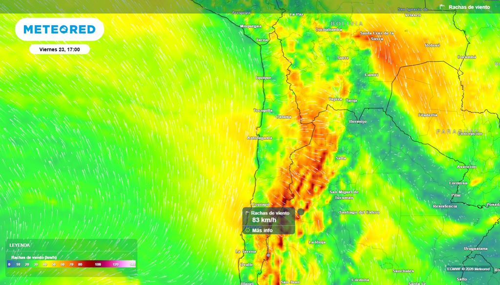 rachas de viento - zona norte Este viernes se esperan rachas de 70 a 90 km/h en la cordillera nortina.