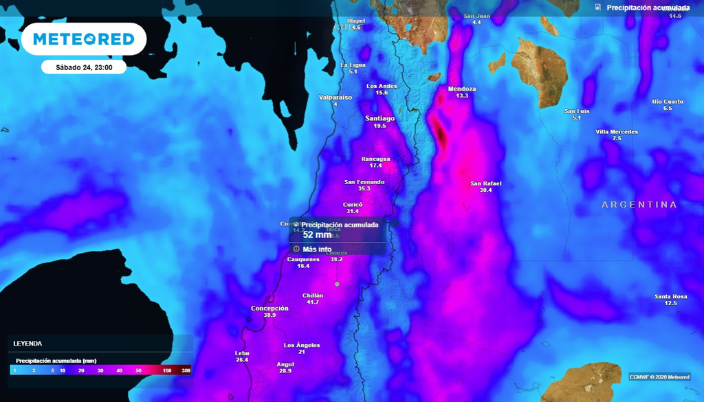 acumulado de precipitación - zona centro En el centro de Chile se prevé que caigan más chubascos durante las próximas horas: la inestabilidad persistirá hasta el sábado en la tarde.