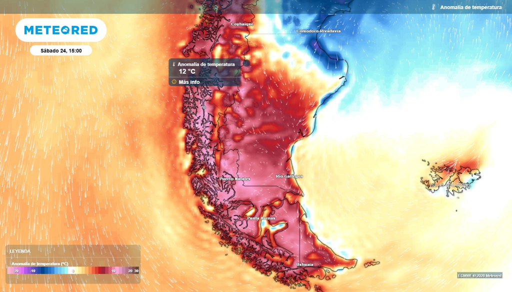 anomalía de temperatura - zona sur En la zona sur y austral, los termómetros se dispararán durante el sábado.