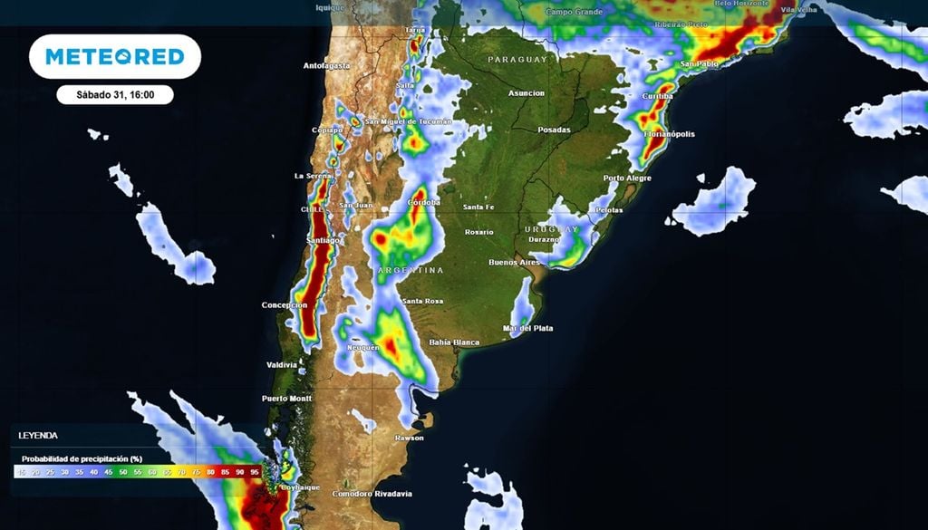Tarde del sábado 31 de noviembre con una gran área inestable sobre el país y la probabilidad de lluvias en aumento.