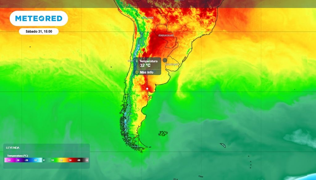 Temperatura máxima en la tarde del sábado 31 de octubre. se destaca el noreste patagónico.