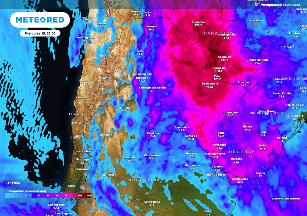 Lluvia, Tormenta, Alerta, Buenos Aires, Córdoba, Litoral, Argentina, Pronóstico, Clima, Tiempo Acumulados de lluvia previstos hasta el próximo miércoles según nuestro modelo de referencia ECMWF