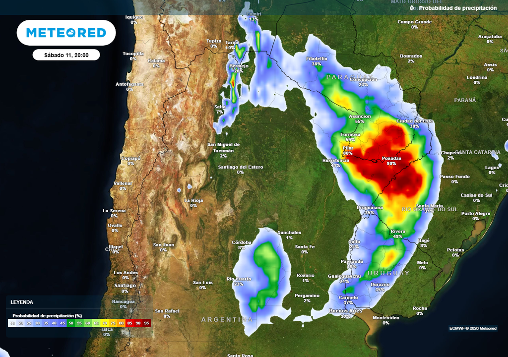 Lluvia, Tormenta, Alerta, Buenos Aires, Córdoba, Litoral, Argentina, Pronóstico, Clima, Tiempo Probabilidad de precipitaciones durante el próximo sábado según mapas propios basados en nuestro modelo de confianza ECMWF