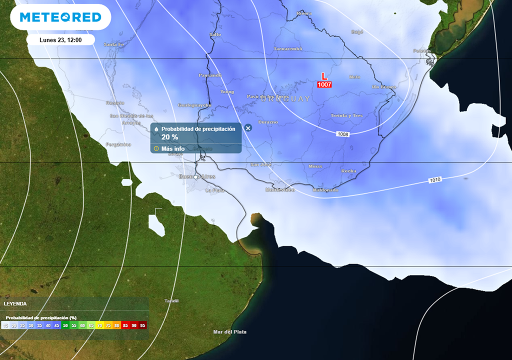 Por el momento, se muestra una baja probabilidad (pero no es nula) de algunas lluvias durante el lunes 23, con el retroceso de un frente cálido aportando humedad, nubosidad e inestabilidad. Modelo ECMWF.