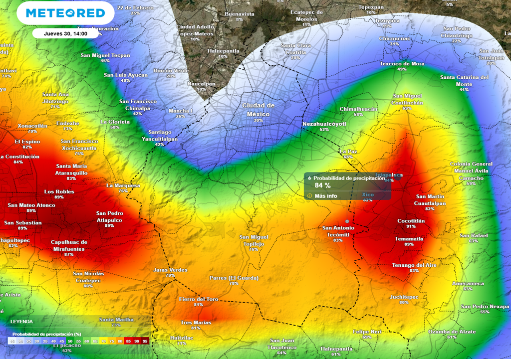 lluvia La mayor porbabilidad de lluvia se concentrará entre las 15:00 y 17:00 horas, sobre todo hacia la parte alta del sur y poniente.