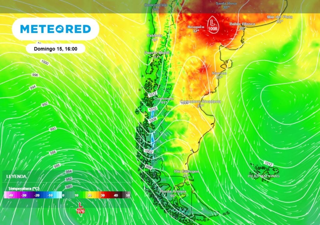 Las temperaturas previstas para el domingo 15 muestran una configuración más típica del otoño. Mientras los valles logran superar los 30 ºC hacia la cordillera una menor duración del día ya empieza a impactar en menores temperaturas máximas