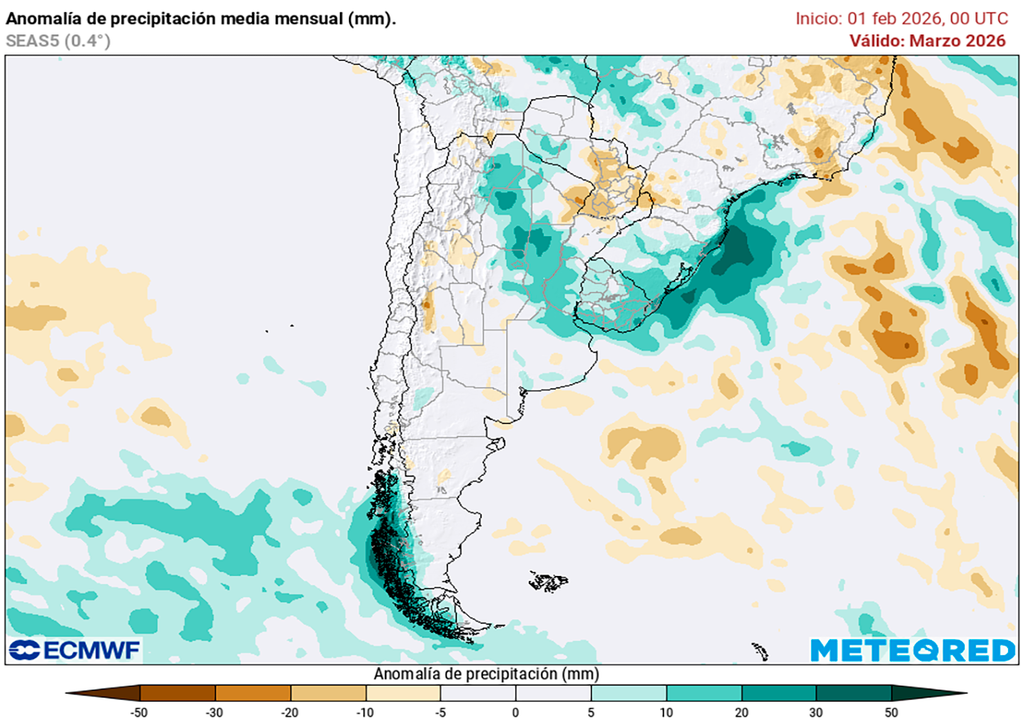 Anomalía de precipitaciones prevista para el mes de marzo de 2026 según el modelo ECMWF