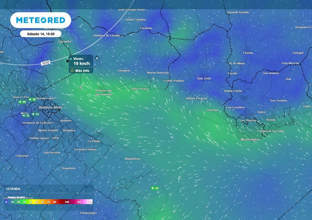 Previsión de vientos en el Río de la Plata para el sábado 14: vientos sostenidos del sudeste con intensidad en torno de los 10 kt
