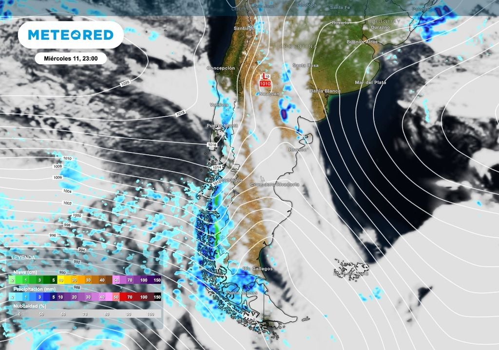 Este miércoles 11 de marzo un nuevo frente frío se aproxima a la costa chilena. Por delante, dentro de aire más cálido y húmedo se desarrollarán tormentas. Las más intensas serán en el noreste de la Patagonia.