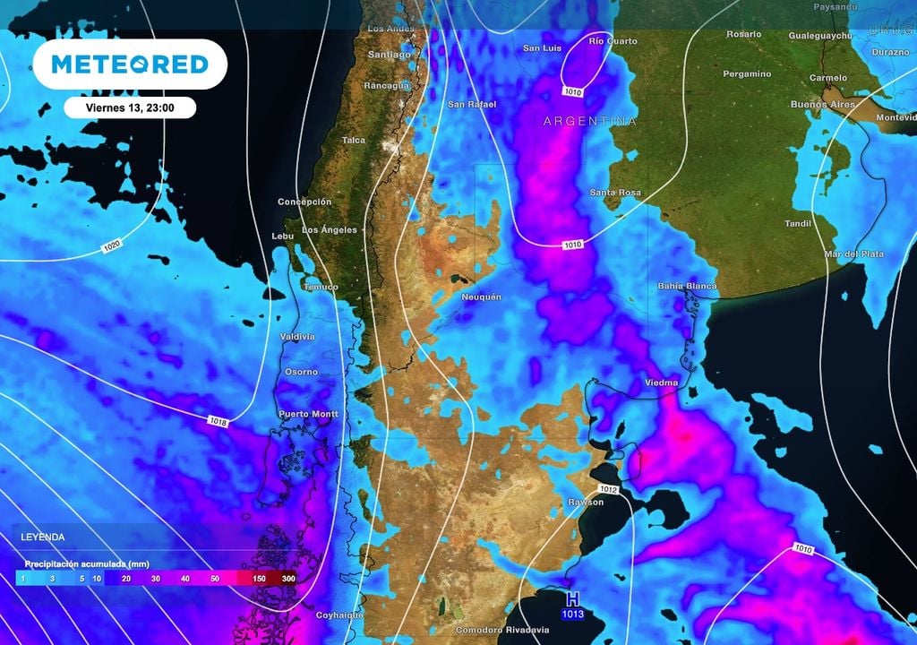 Esta carta muestra las lluvias acumuladas en las próximas 72 horas. La mayor cantidad de los acumulados se esperan sobre el noreste de la Patagonia, pero también hacia el norte sobre el este de La Pampa.