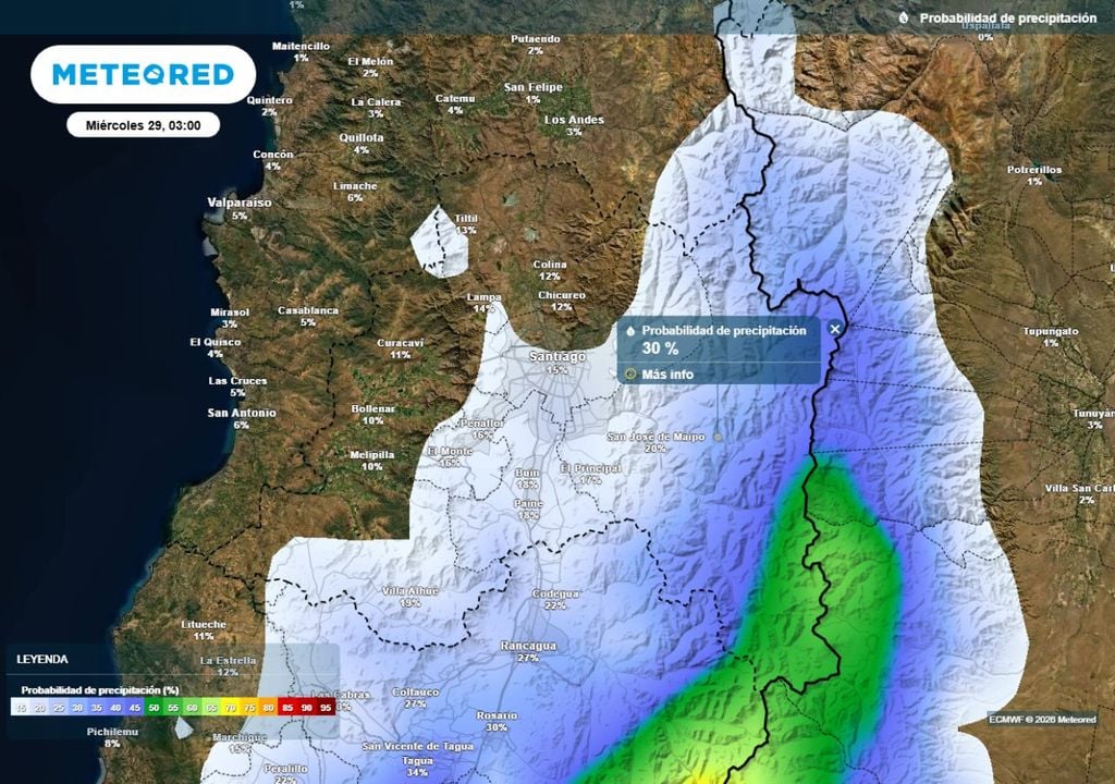 Este miércoles en la madrugada se prevén chubascos de corta duración: por el momento, existe una baja probabilidad en gran parte de la Región Metropolitana.