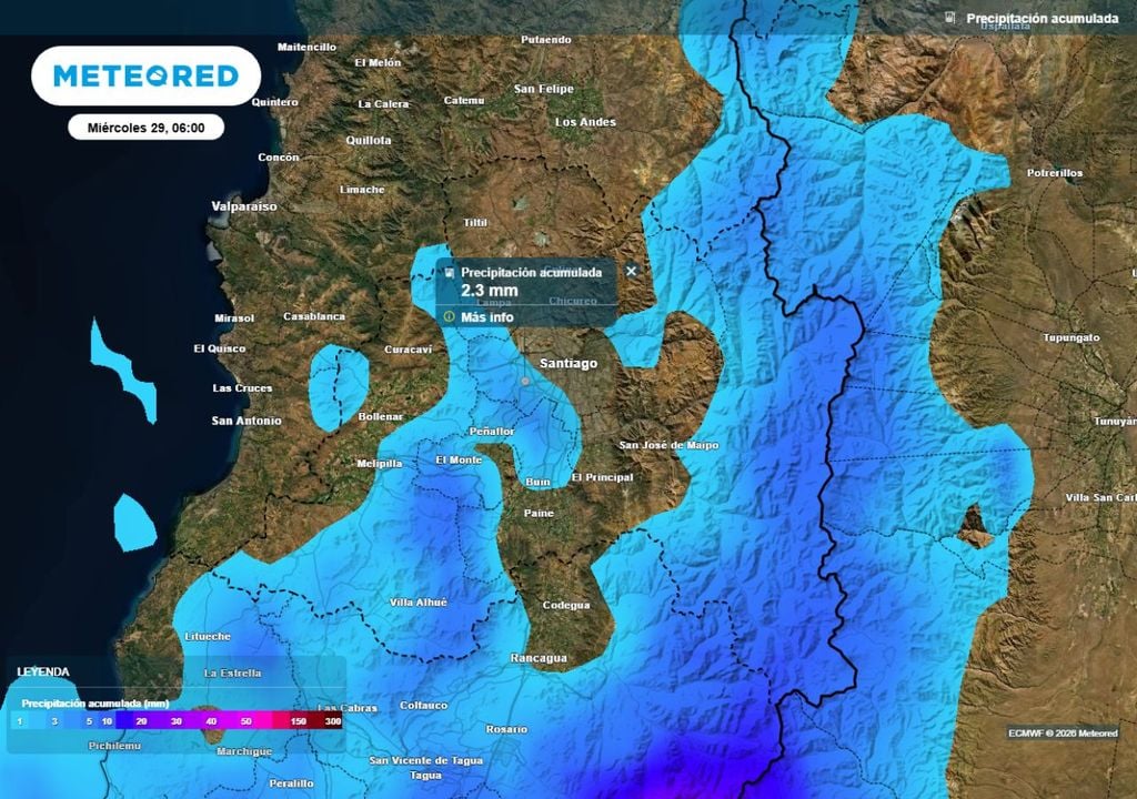 El acumulado previsto en comunas del sur es de 3 mm en promedio, y se registraría en horas de la madrugada del miércoles.