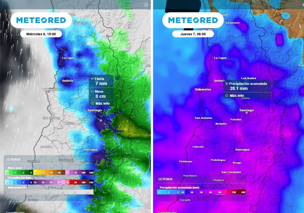 La lluvia avanza desde el sur de Santiago: modelo europeo proyecta entre 20 y 30 mm en la capital.
