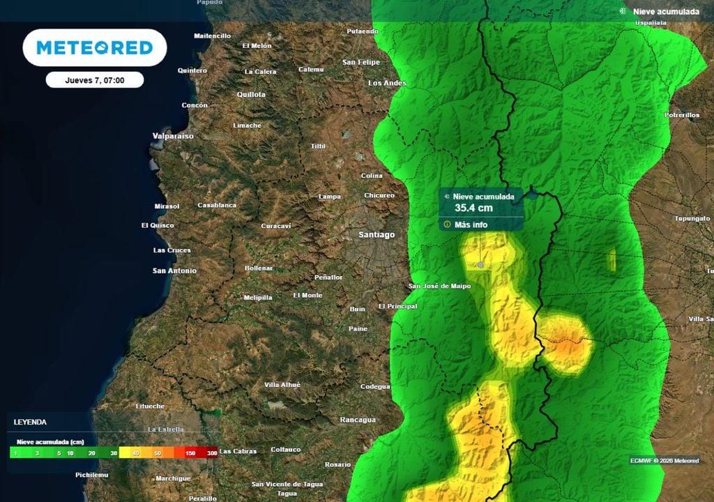 Cordillera central recibirá nieve importante: acumulados podrían llegar hasta 35 cm en sectores altos.