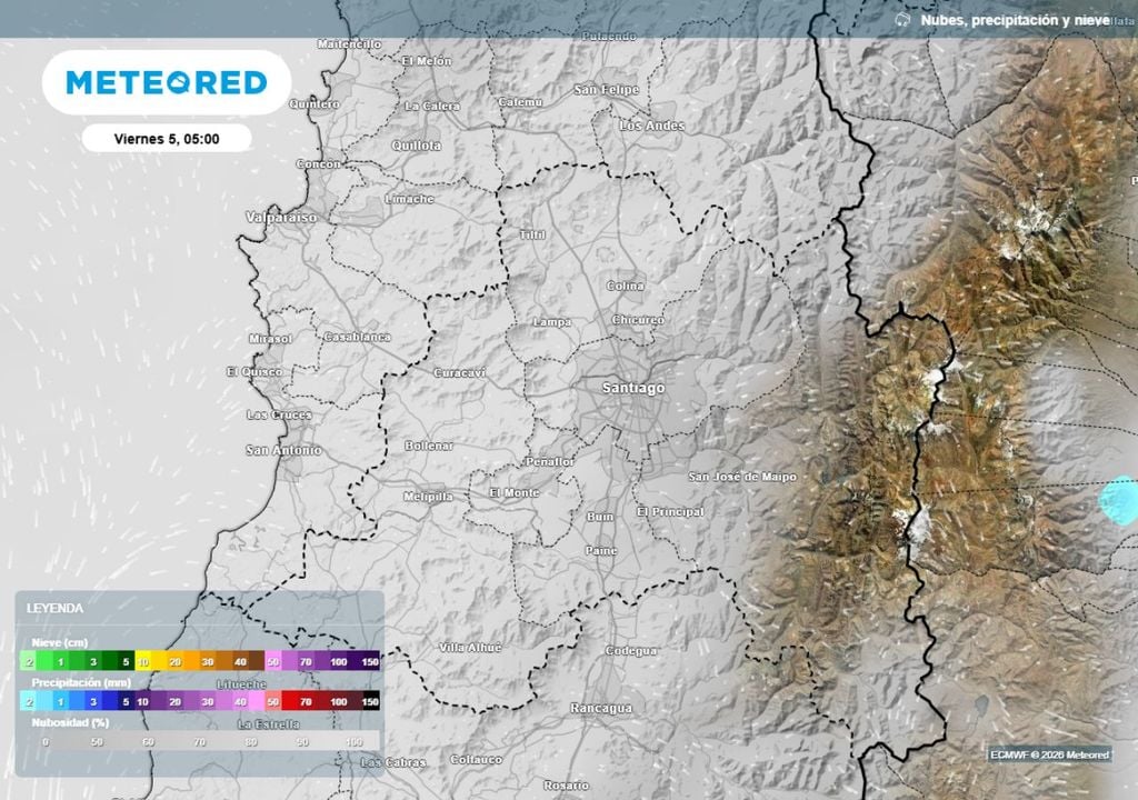 mapa de precipitación y nubes Este viernes amanecerá con abundantes nubes y niebla en el valle central, no descartando lloviznas débiles en el sector poniente de la RM.