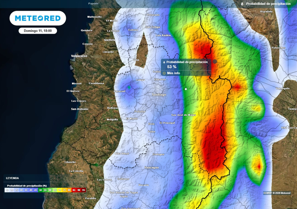 probabilidad de precipitaciones Este domingo en la tarde volvería la probabilidad de precipitaciones a la RM, sobre todo al sector precordillerano.