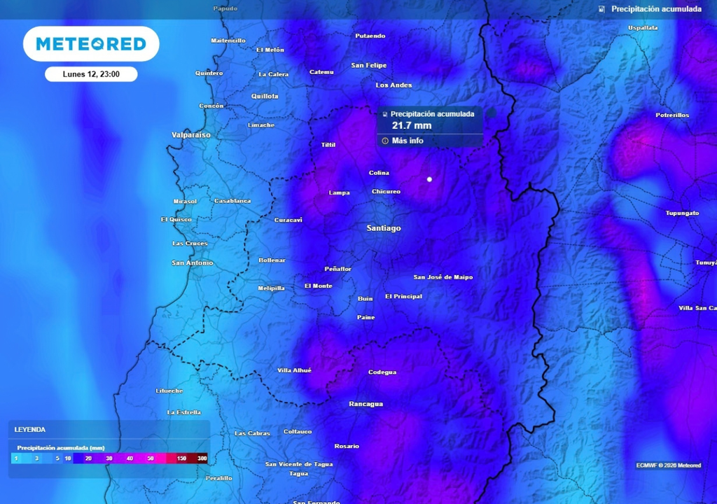 precipitación acumulada El lunes sería el día con mayores acumulados previstos: hasta 20 mm podrían caer en el oriente y precordillera de la RM.