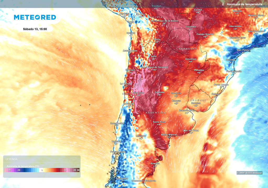 Anomalías de temperatura para el día sábado 13 de septiembre a las 15 h, según el modelo ECMWF