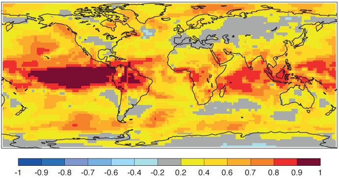 Mapa de habilidades de pronóstico de temperatura SEAS5 a 2 m. La habilidad de los pronósticos estacionales varía según la temporada y la ubicación geográfica. En el sistema SEAS5 de ECMWF, tiende a ser relativamente bajo en Europa. La tabla muestra la correlación de anomalías para las predicciones de temperatura promedio a 2 metros del conjunto para diciembre-enero-febrero a partir del 1 de noviembre para SEAS5. La correlación de anomalías es una medida de habilidad. Un valor de 1 corresponde a un pronóstico determinístico perfecto, mientras que 0 significa que no hay habilidad.