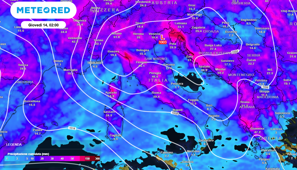 Stima dei possibili accumuli di pioggia fino alle prime ore di giovedì (Mappe ECMWF MeteoRed)
