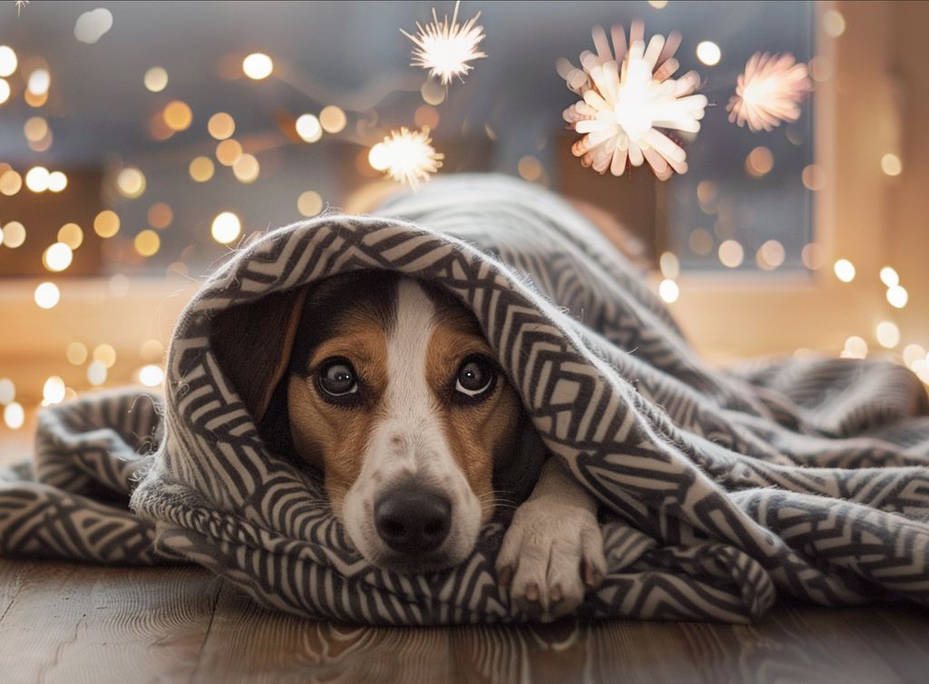 A frightened dog hiding under blankets, scared of fireworks