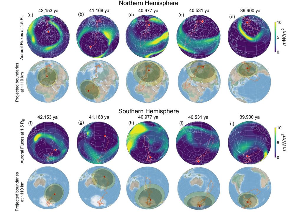Durante la excursión de Laschamps los polos norte y sur se desviaron de sus ubicaciones geográficas. Las auroras, representadas aquí por gradientes de verde y amarillo, pudieron verse en la mayor parte del globo. Imagen: Agnit Mukhopadhyay, Universidad de Michigan. Durante la excursión de Laschamps los polos norte y sur se desviaron de sus ubicaciones geográficas. Las auroras, representadas aquí por gradientes de verde y amarillo, pudieron verse en la mayor parte del globo. Imagen: Agnit Mukhopadhyay, Universidad de Michigan.