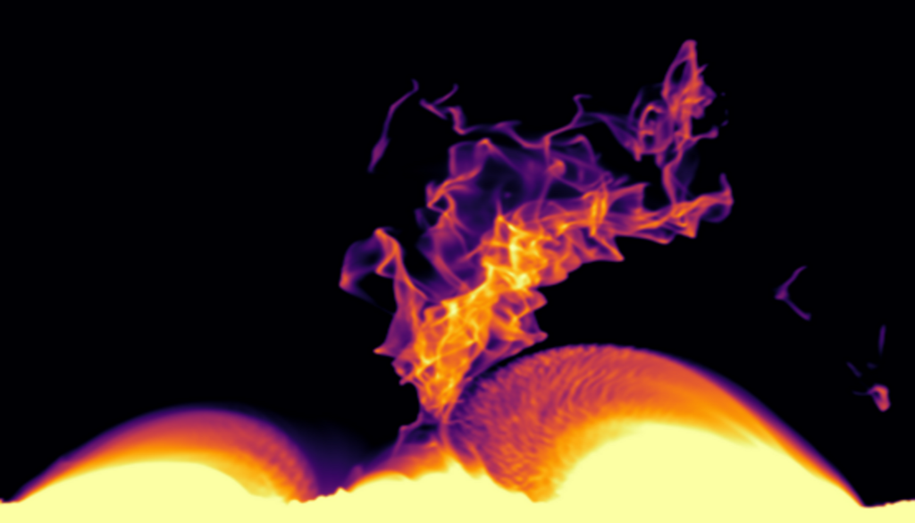 Ein Bild aus den neuen Computersimulationen. Die flammenartige Prominenz erstreckt sich bis zu etwa 20.000 Kilometer in die Korona und verändert ständig ihre Form. Gelegentlich regnet ein Teil seines Materials zurück in die tiefer liegenden Sonnenschichten. Bild: MPS