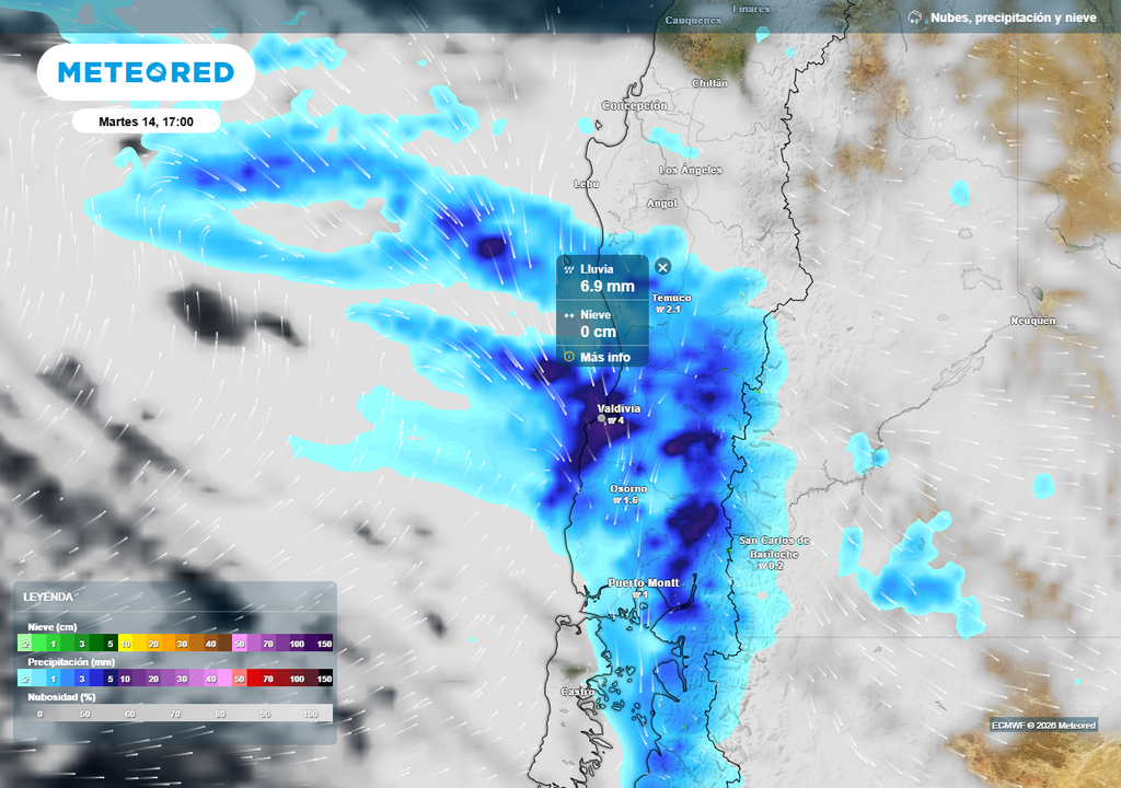 Precipitación (mm) para la tarde del martes 14 de abril 2026 en las regiones de La Araucanía y Los Ríos.