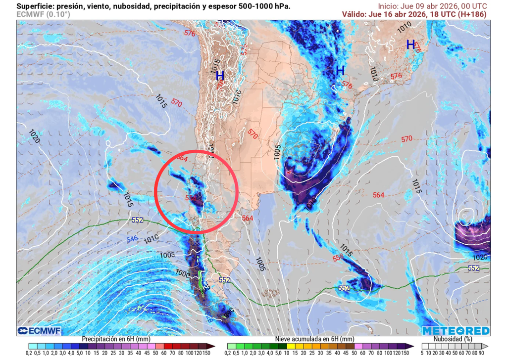 Precipitación (mm) para la tarde del jueves 16 de abril 2026 en Chile centro-sur (círculo rojo).