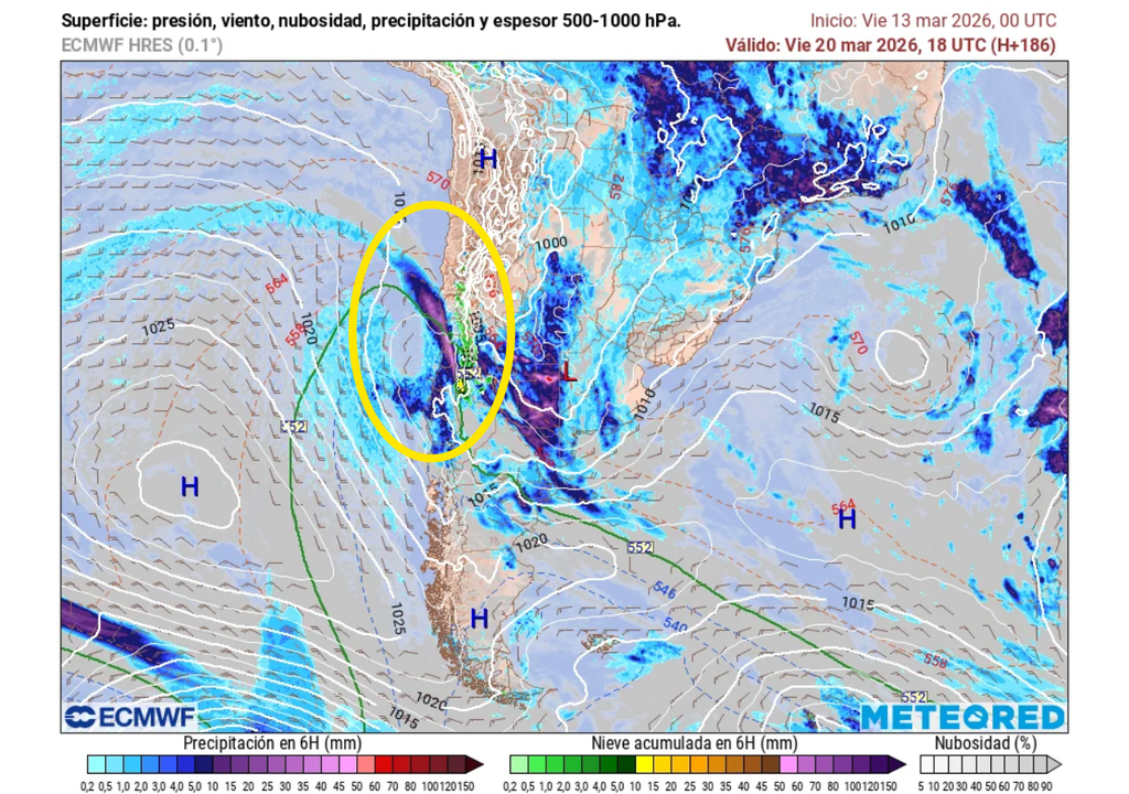Estamos de ojo en un segundo sistema frontal, que podría extenderse con precipitaciones hacia el centro norte y parte del norte chico en la segunda mitad de la próxima semana.