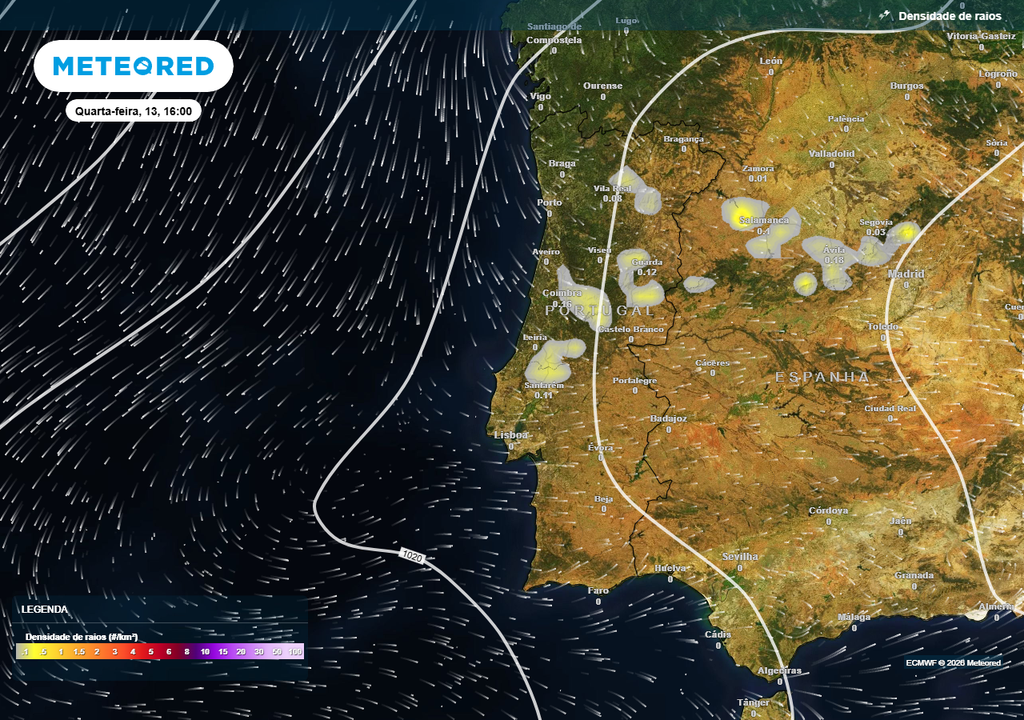 Ao longo da tarde de amanhã, 13 de maio, os núcleos de trovoada terão tendência a surgir nas Regiões Centro e Norte.