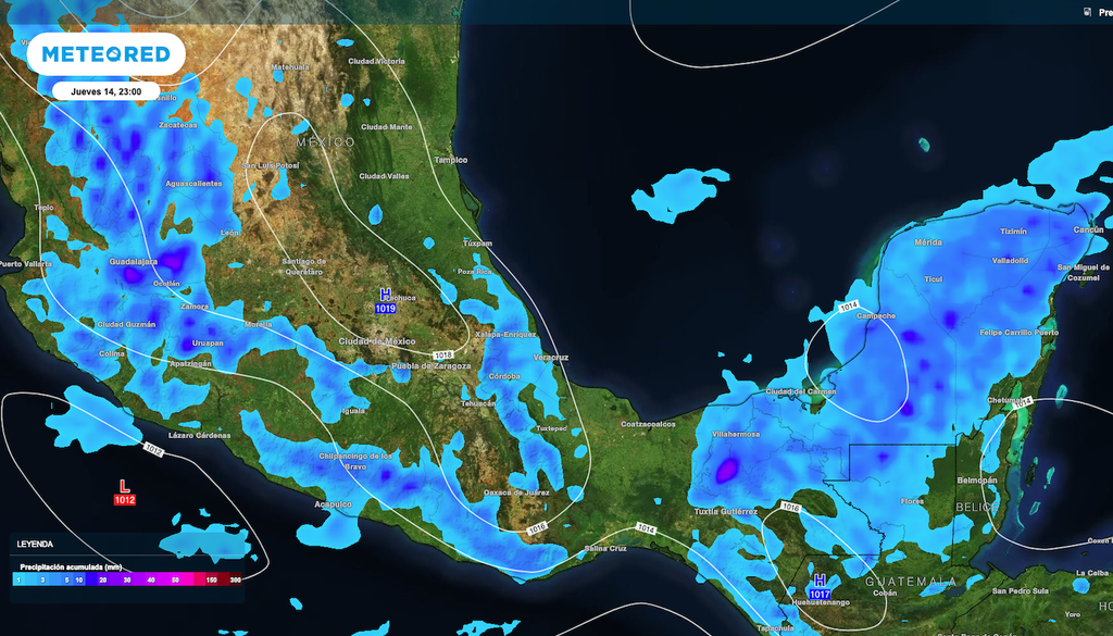 Las lluvias y aguaceros más fuertes serán sobre el Occidente, Sur y Sureste del territorio mexicano con acumulados puntuales de hasta 60 mm en algunos estados.