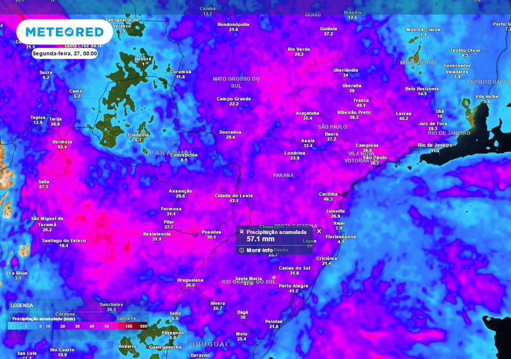 Previsão de acumulados totais de chuva até o final do próximo domingo.