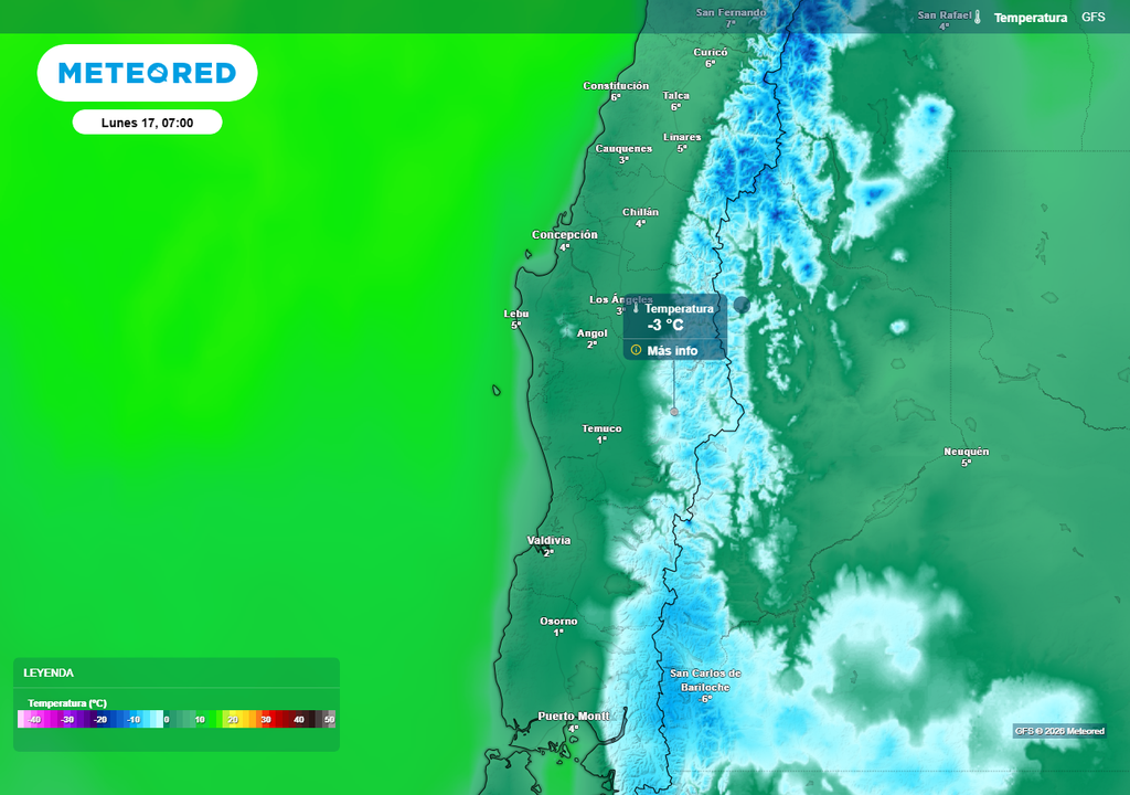 Meteored pronostica una helada matinal en Chile centro-sur Temperatura mínima (°C) para el lunes (17) en el centro-sur de Chile.