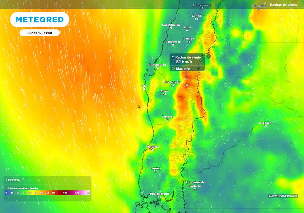 Meteored pronostica viento Puelche de 80 km/h para Chile centro-sur Rachas de viento (km/h) para la mañana del lunes (17) en el centro-sur de Chile.