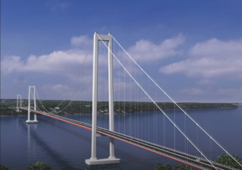 Recreación digital del proyecto del Puente Chacao, infraestructura que busca conectar la Isla Grande de Chiloé con el continente a través del canal de Chacao. Créditos: Ministerio de Obras Públicas (MOP) de Chile / Dirección de Vialidad (render referencial).