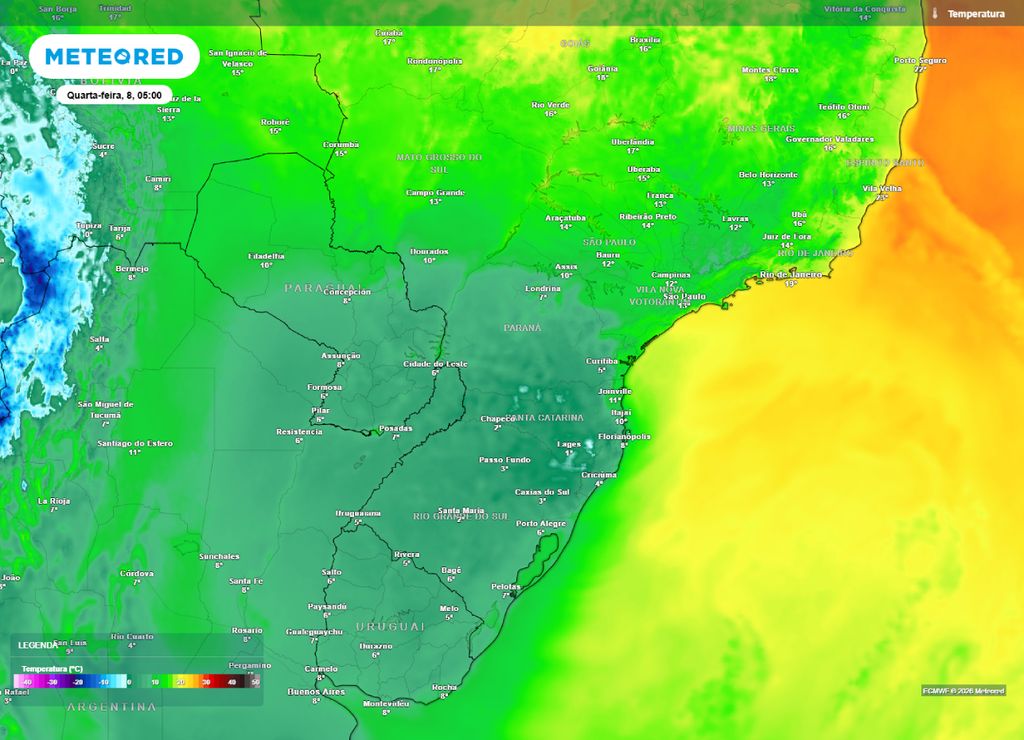 ar polar Temperaturas mínimas prevista para a quarta-feira, 8 de julho.