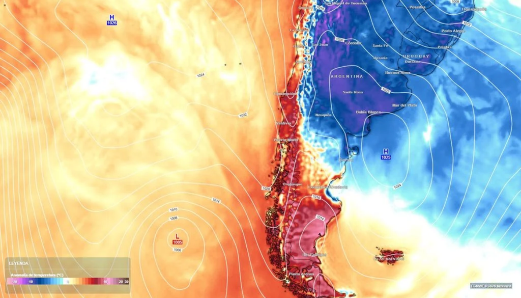Las altas presiones sobre los océanos Pacífico y Atlántico han favorecido un bloqueo atmosférico que dificulta el avance de los sistemas frontales hacia Magallanes, reduciendo el viento y las precipitaciones. Las altas presiones sobre los océanos Pacífico y Atlántico han favorecido un bloqueo atmosférico que dificulta el avance de los sistemas frontales hacia Magallanes, reduciendo el viento y las precipitaciones.