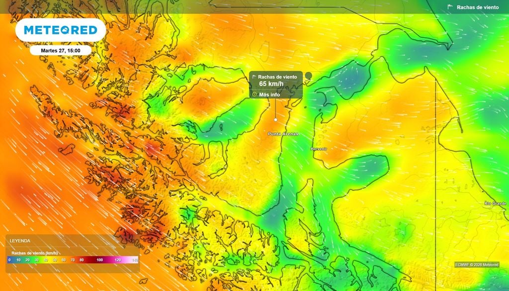 mapa de rachas de viento Desde el martes se espera un incremento del viento en Punta Arenas.