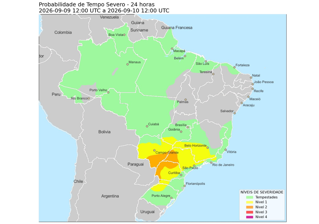 Probabilidade de tempo severo para quinta-feira (10), segundo o CPTEC/INPE. Nível 2 corresponde a ‘algumas tempestades severas organizadas’. Créditos: CPTEC/INPE. Probabilidade de tempo severo para quinta-feira (10), segundo o CPTEC/INPE. Nível 2 corresponde a ‘algumas tempestades severas organizadas’. Créditos: CPTEC/INPE.